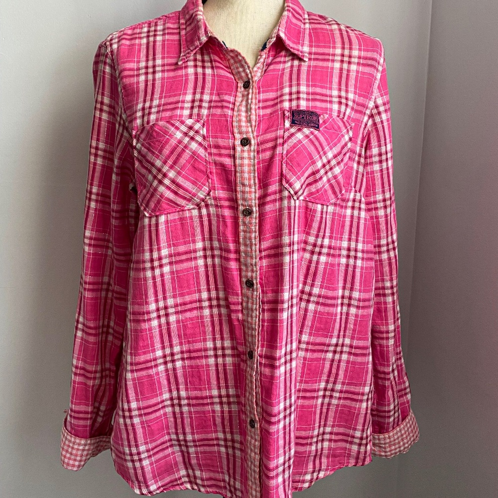 Superdry Plaid Women's Pink Flannel Shirt | Size L